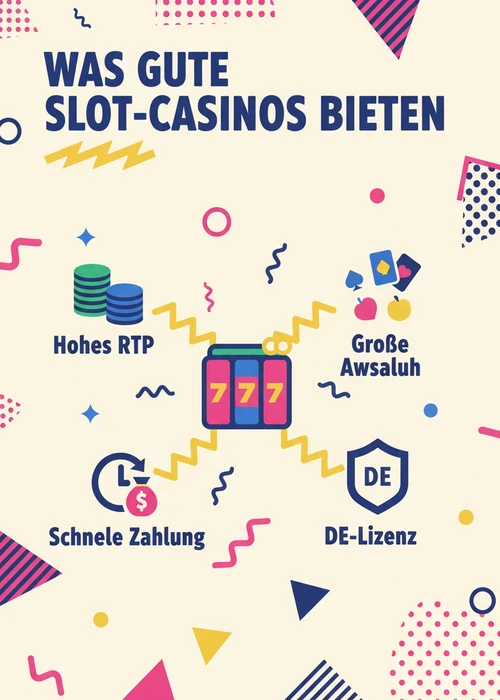 Was gute Slot-Casinos bieten: hohes RTP, große Auswahl, schnelle Zahlung und DE-Lizenz für Spielautomaten online.