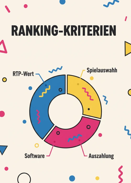 Ranking-Kriterien der Top 10 Spielautomaten online: RTP-Wert, Spielauswahl, Software, Auszahlung und Support.