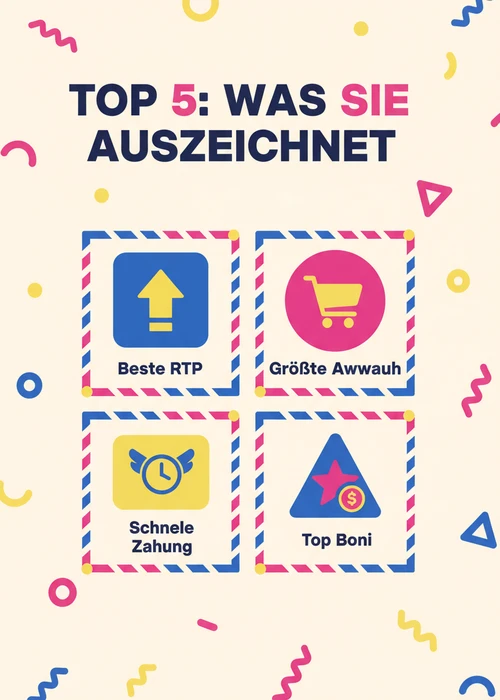 Was die Top 5 Spielautomaten online auszeichnet: beste RTP, größte Auswahl, schnelle Zahlung und Top Boni.