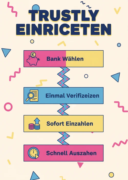 Trustly für Spielautomaten online einrichten: Bank wählen, einmal verifizieren, sofort einzahlen und schnell auszahlen.