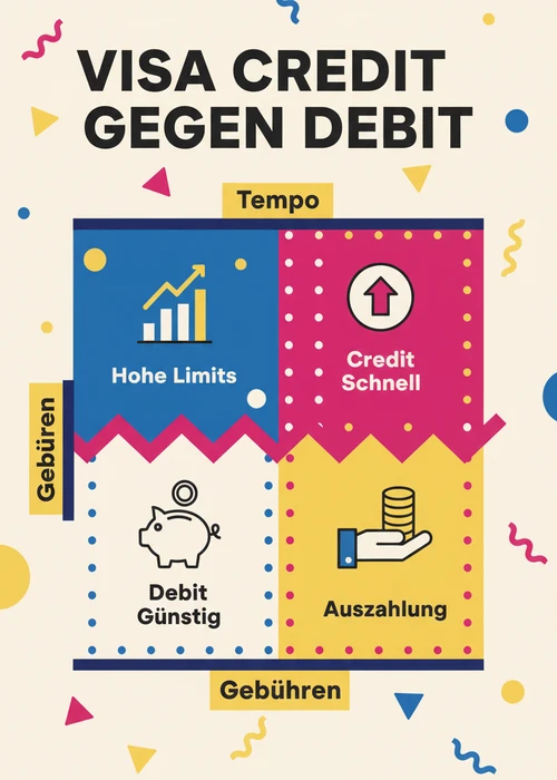 Visa Credit gegen Debit bei Spielautomaten online nach Tempo und Gebühren: Credit schnell, Debit günstig, hohe Limits und Auszahlung.