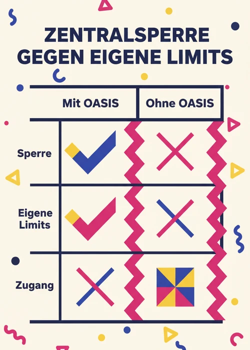 Zentralsperre gegen eigene Limits bei Spielautomaten online ohne Oasis: mit OASIS und ohne OASIS nach Sperre, eigene Limits und Zugang.