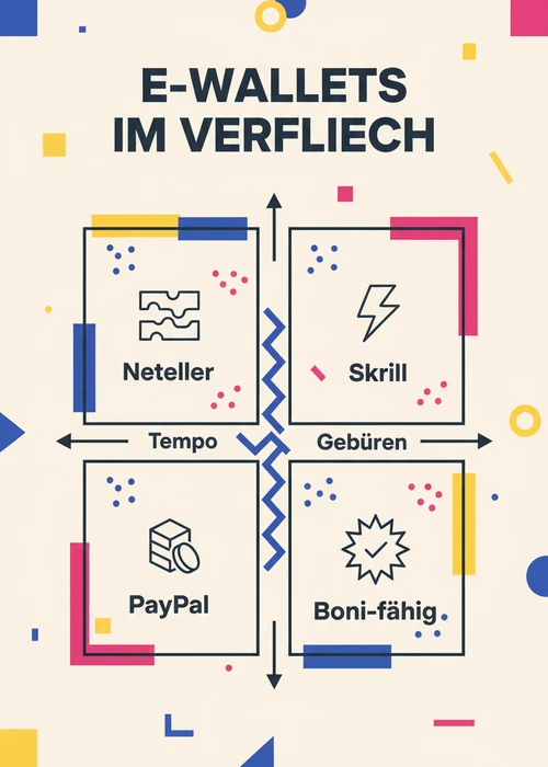 E-Wallets im Vergleich bei Spielautomaten online nach Tempo und Gebühren: Skrill, Neteller, PayPal und Boni-fähig.